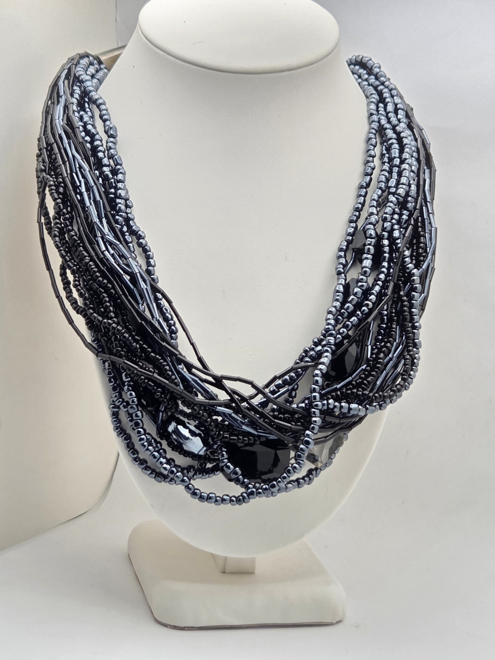 Multi Strand Gunmetal & Black Glass Seed Bead Statement Necklace 22"